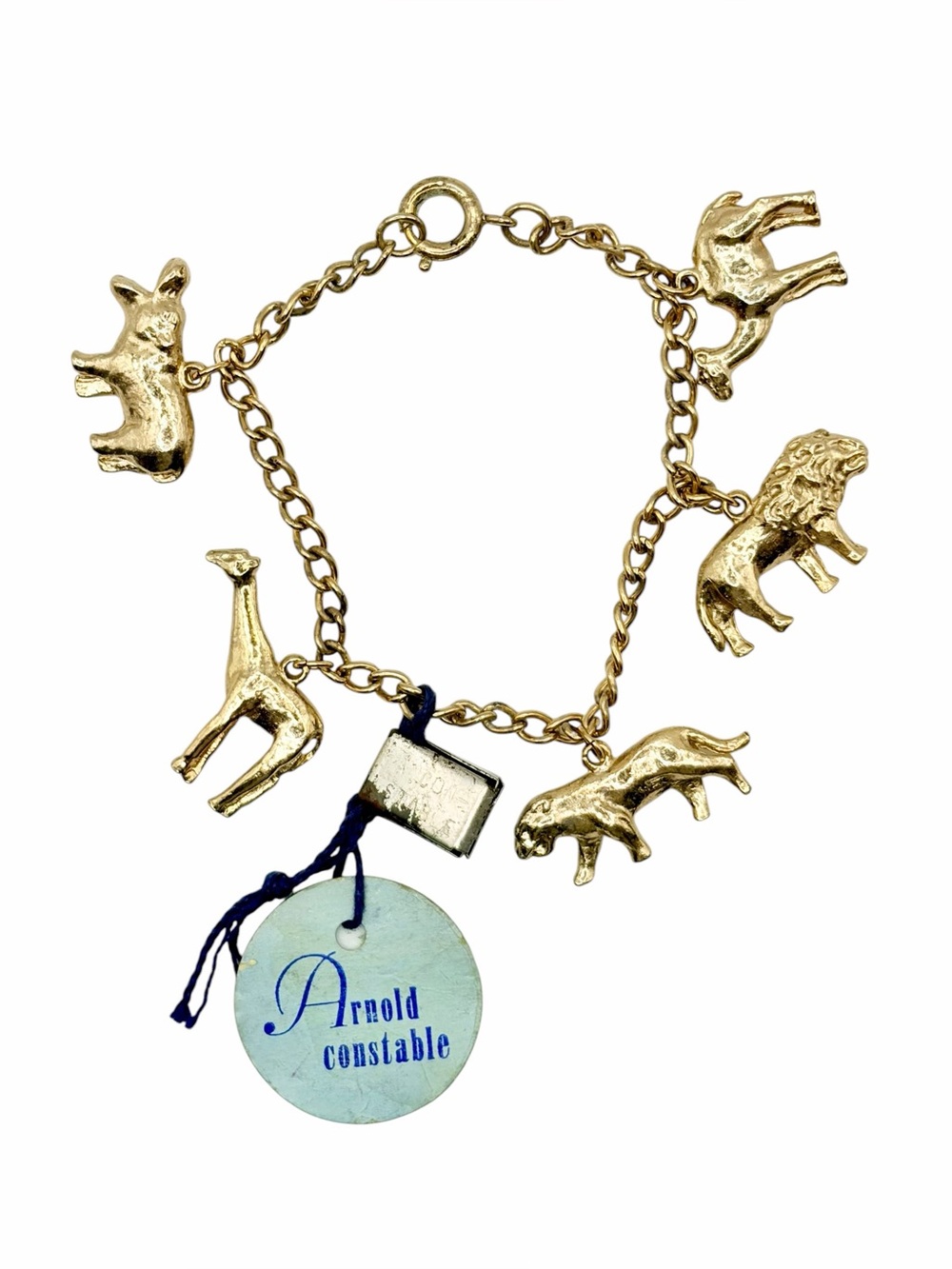 Vintage 1960s Dead Stock Arnold Constable Gold Tone Animal Charm Bracelet